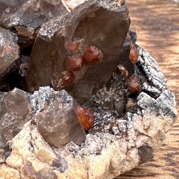 Chocolate Smoky Quartz and garnet gem specimens on matrix 155 g - Picture 12 of 15